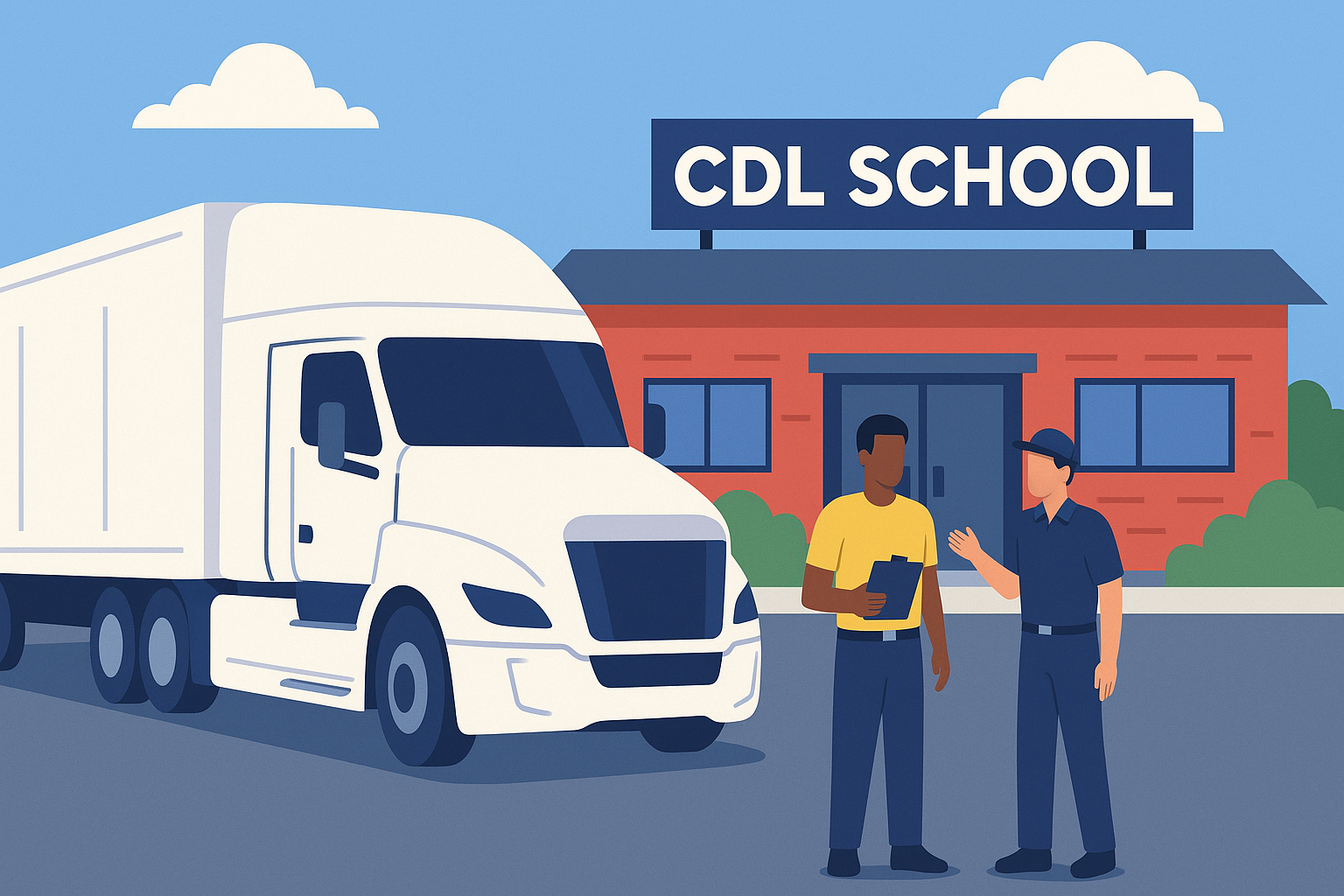 A private CDL school building with a white training truck and students talking with an instructor outside.