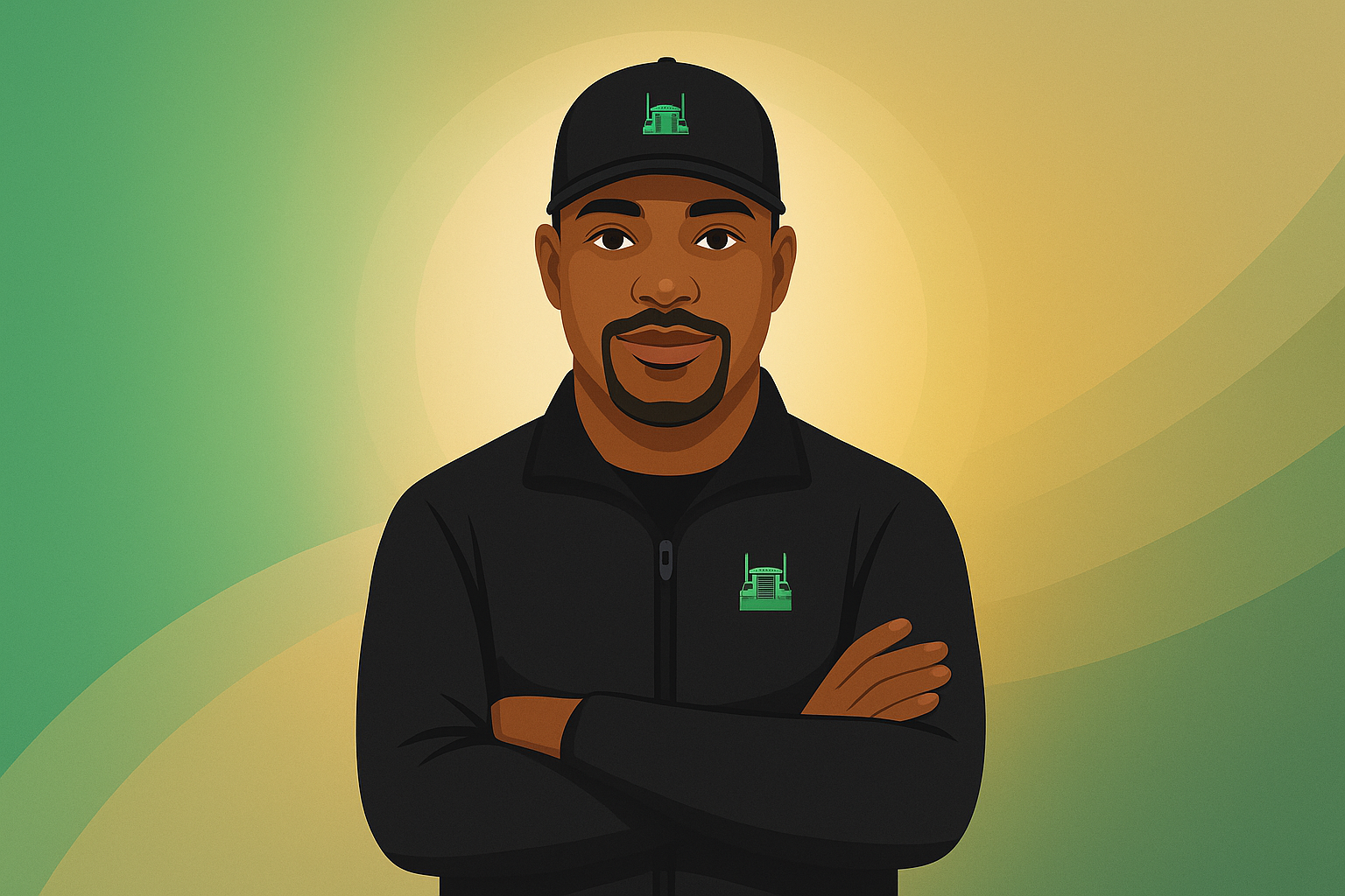 Illustration of T.K. Keith standing confidently with arms crossed, wearing a black Ready, Set, Truck! jacket and hat with green logos, against a tan, gold, and RST green halo background symbolizing reflection and final thoughts.