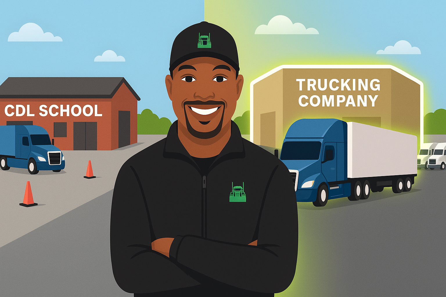 Illustration of T.K. Keith standing between a private CDL school and a trucking company yard, smiling confidently to represent his opinion that company-sponsored CDL training is the better choice for new drivers.