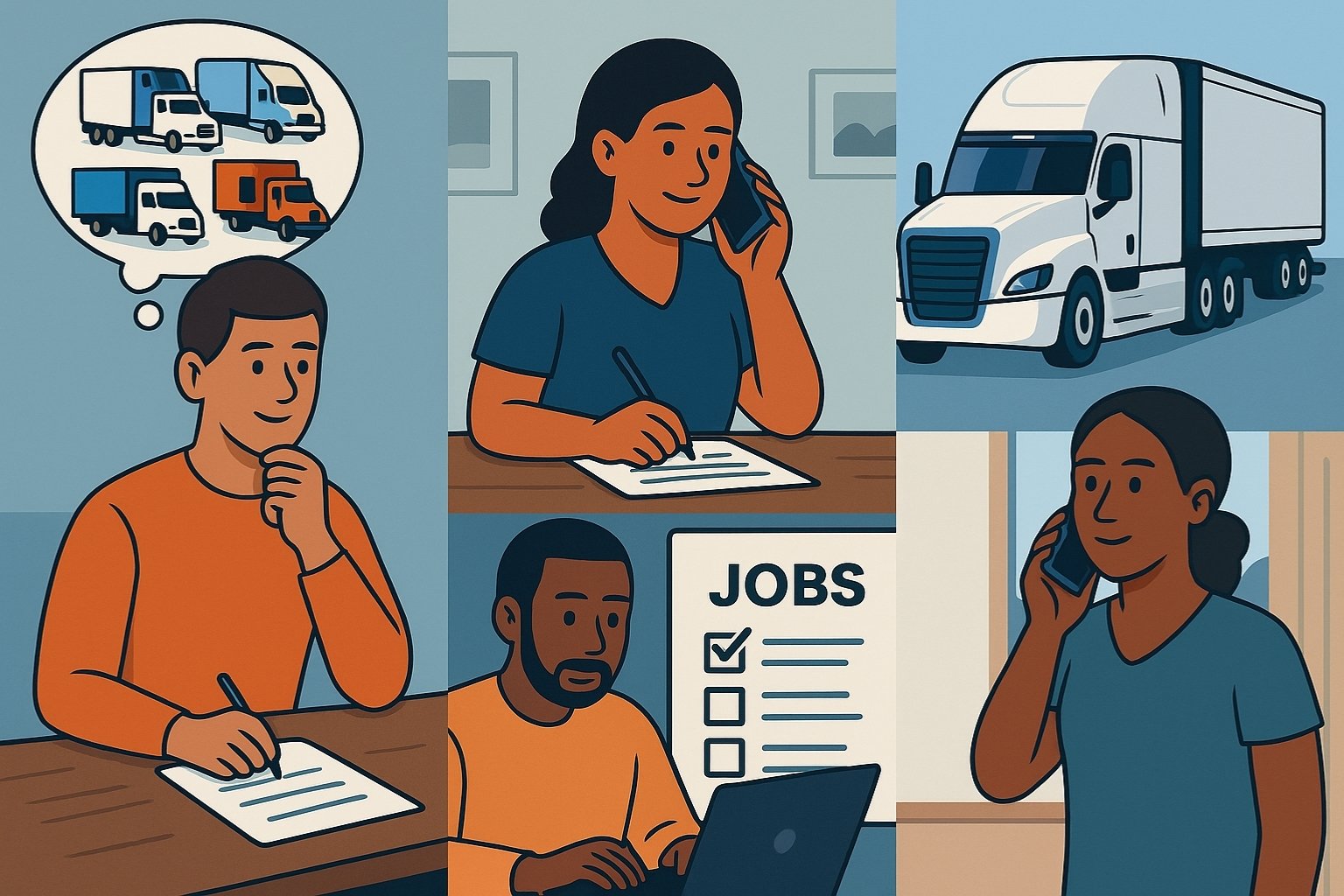 Five new CDL drivers shown in different scenes representing the job search process; from researching jobs to contacting recruiters and applying.