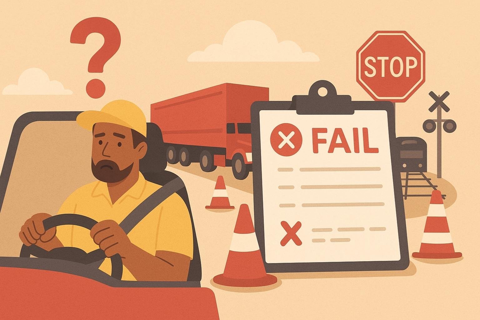 Illustration showing a worried truck driver sitting in a semi-truck after failing the CDL test, with orange cones, a fail report, and a stop sign in the background.