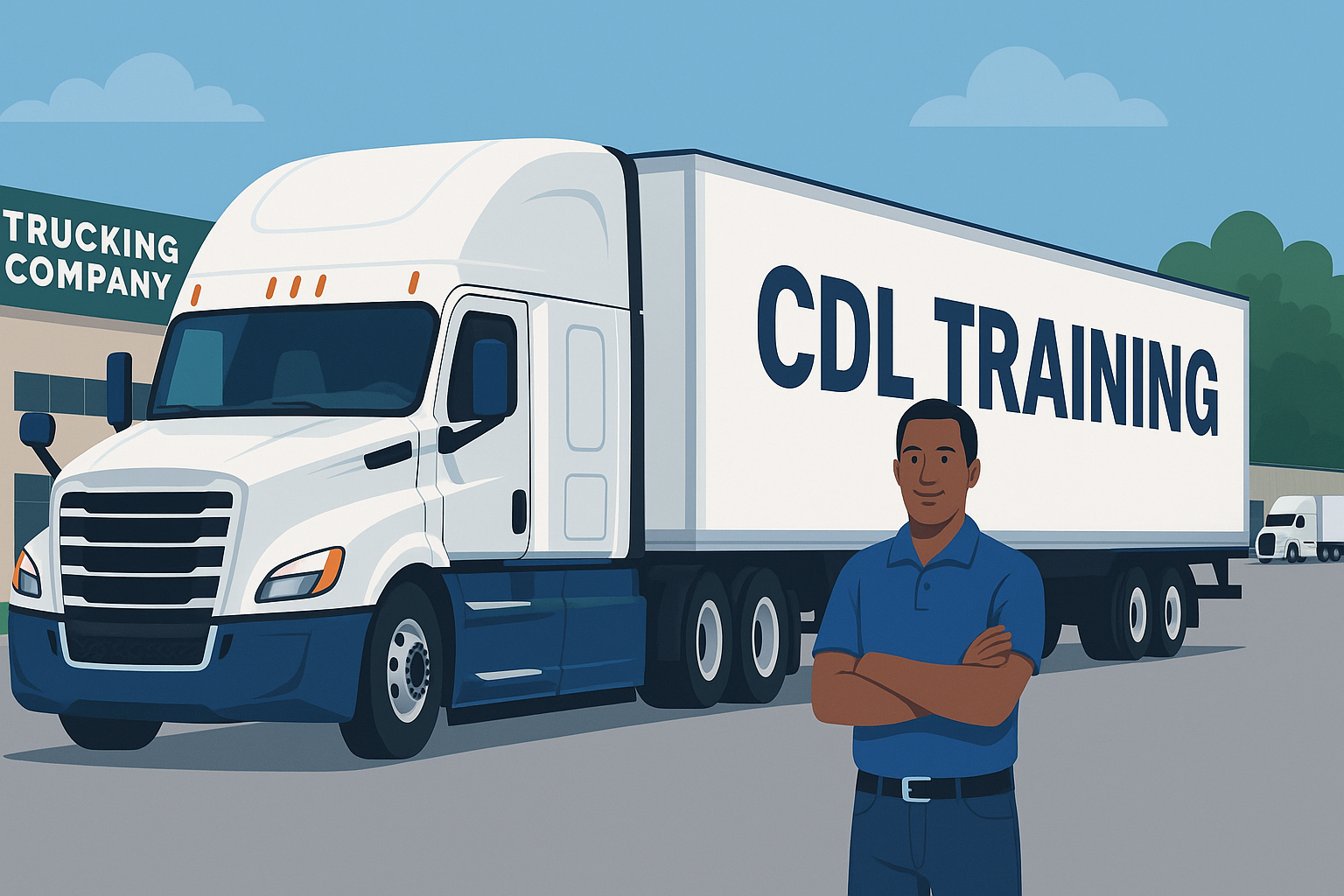 A trainer stands in front of a semi-truck labeled CDL Training at a trucking company that offers a company-sponsored CDL program.