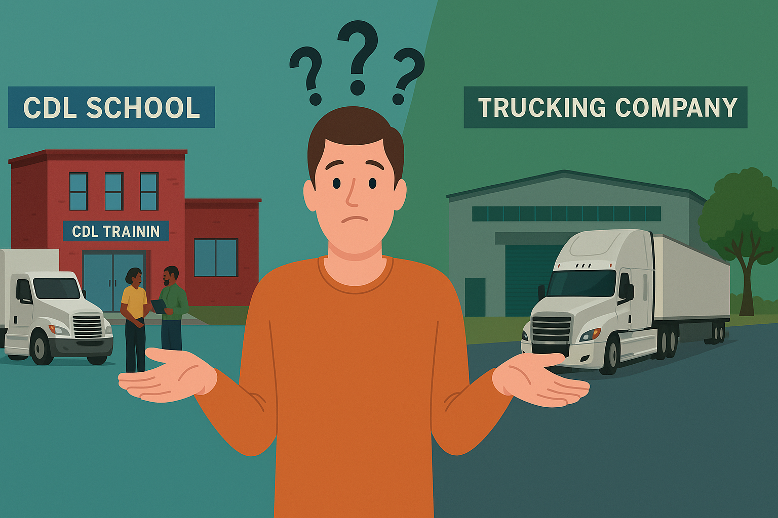 A man shrugs in confusion between a private CDL school and a trucking company, symbolizing indecision about which CDL program is better.