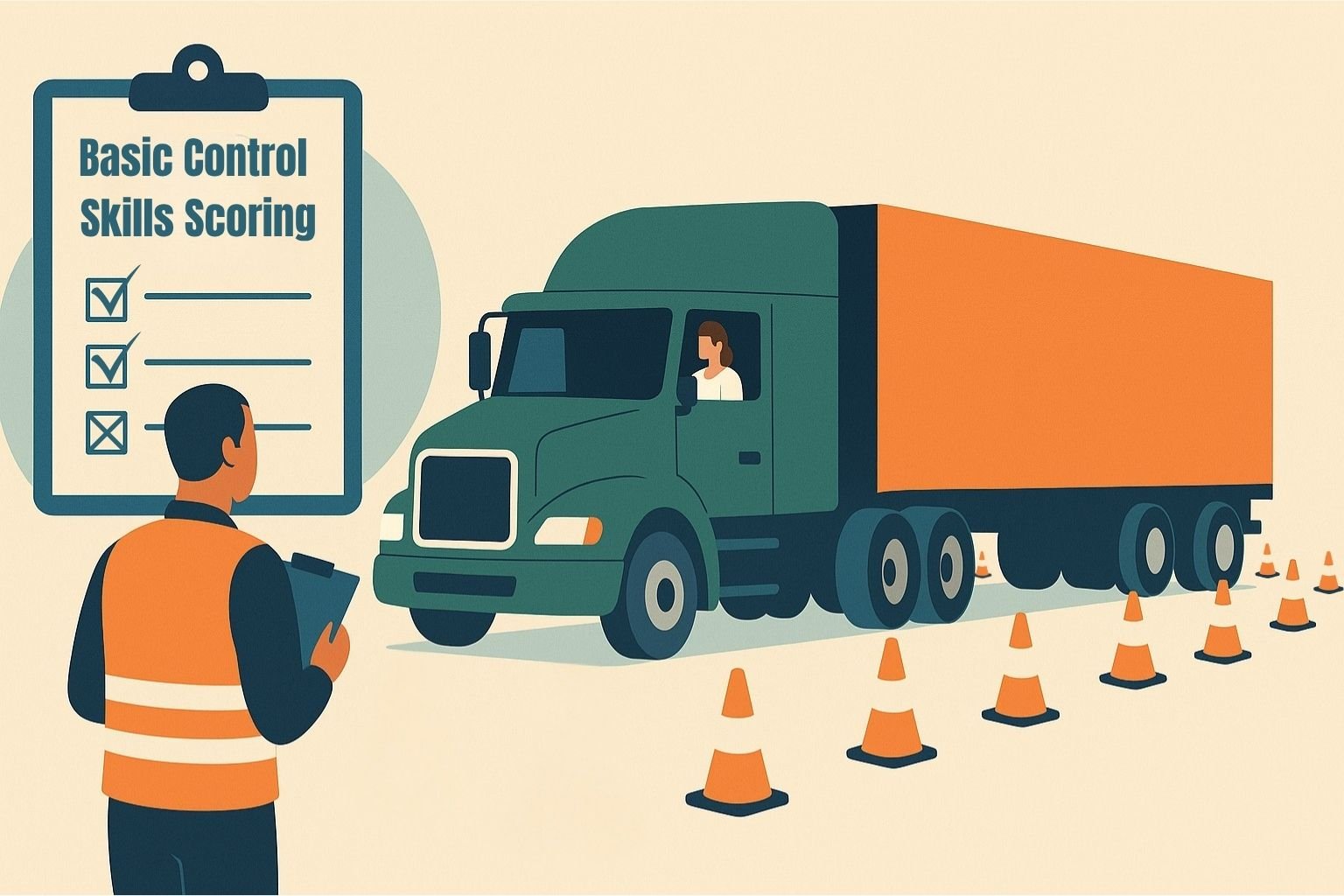 Illustration showing a semi-truck backing straight between two rows of orange cones during the basic control skills portion of the CDL test while an examiner observes.