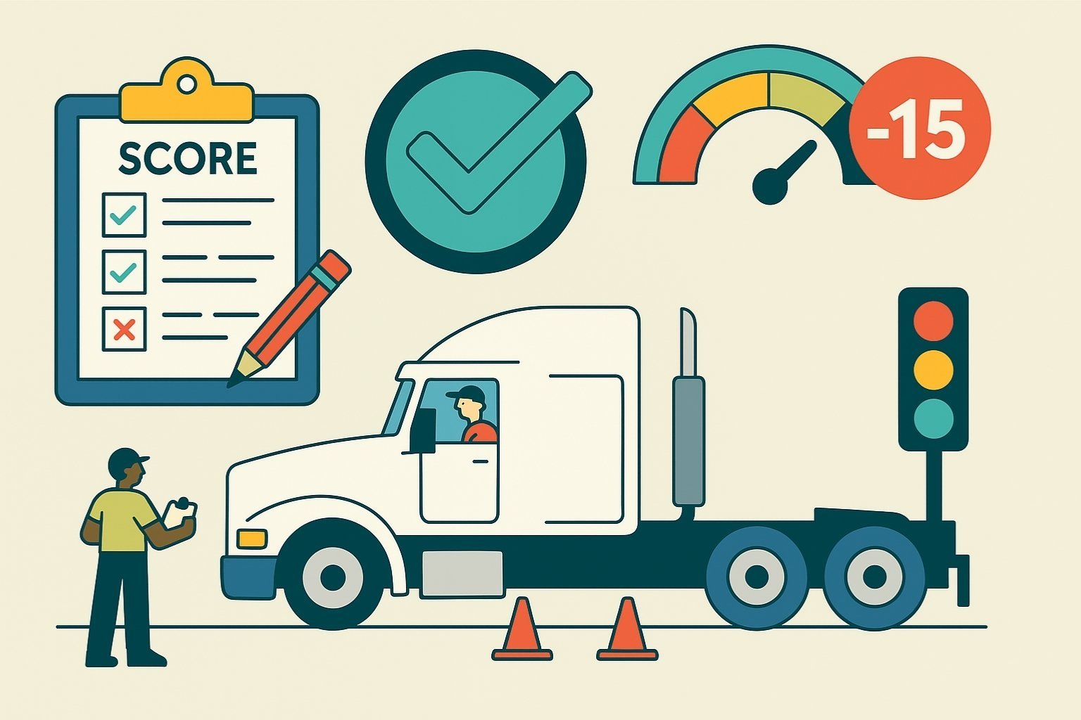 Illustration showing an examiner scoring a CDL skills test while observing a semi-truck performing a maneuver on a test range with orange cones.