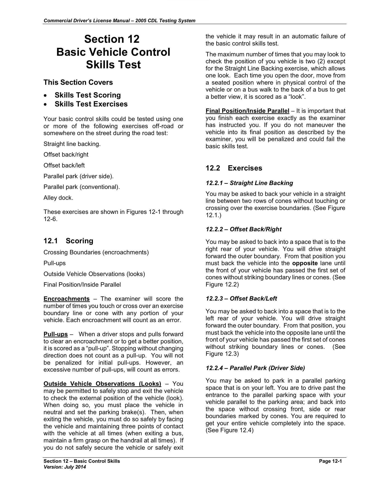 Page from the FMCSA Model CDL Manual showing Section 12 detailing the Basic Vehicle Control Skills portion of the CDL test scoring with exercises, including straight-line backing, offset backing, and parallel parking.