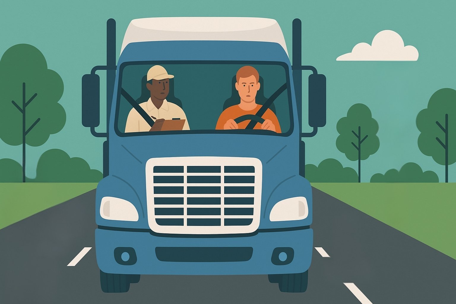 Illustration showing a semi-truck driving toward the viewer during the road test portion of the CDL test with the examiner seated beside the driver inside the cab.