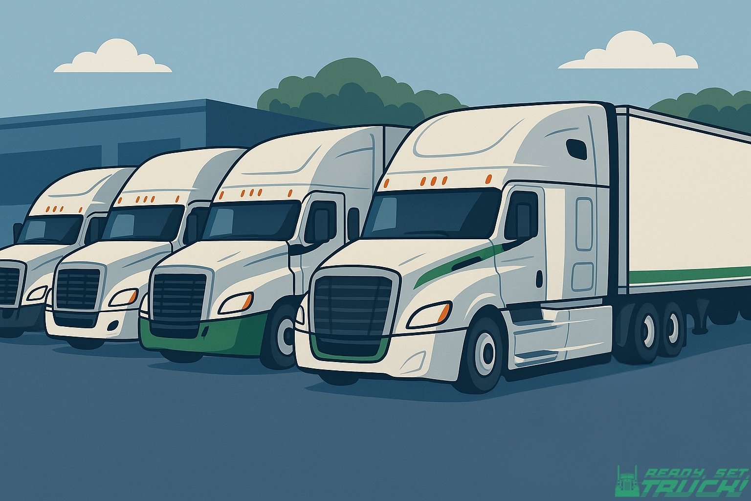 A row of white semi-trucks parked at a trucking terminal, representing major carriers that hire new CDL drivers.