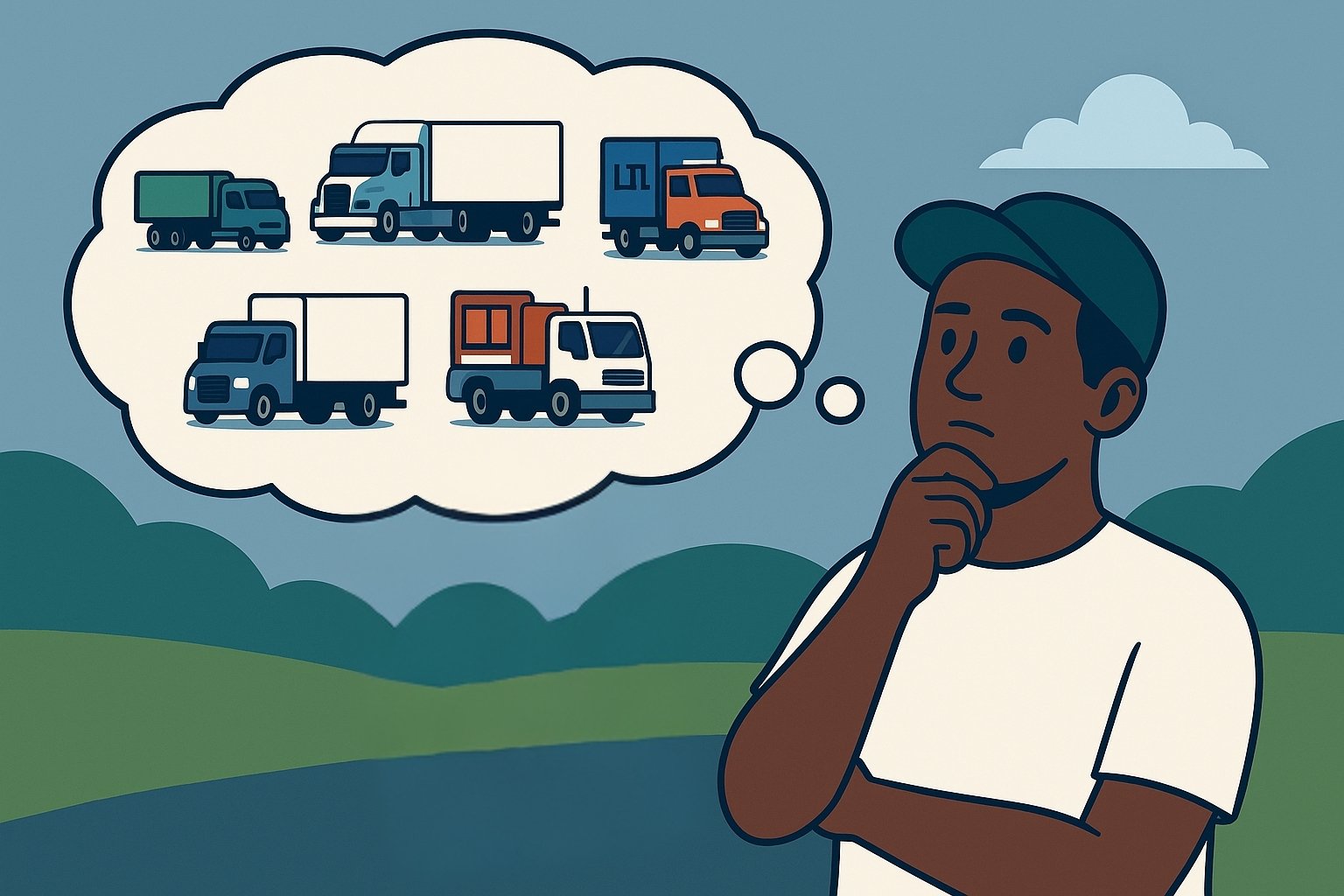 A new CDL driver standing outdoors, thinking about different trucking job options like , refrigerated, LTL, municipal, and yard spotter trucks.