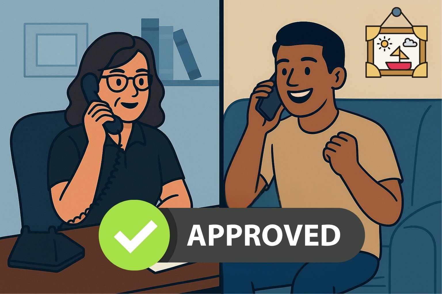 A recruiter and a new truck driver smiling while talking on the phone, with a green &ldquo;Approved&rdquo; badge showing the driver has been hired.