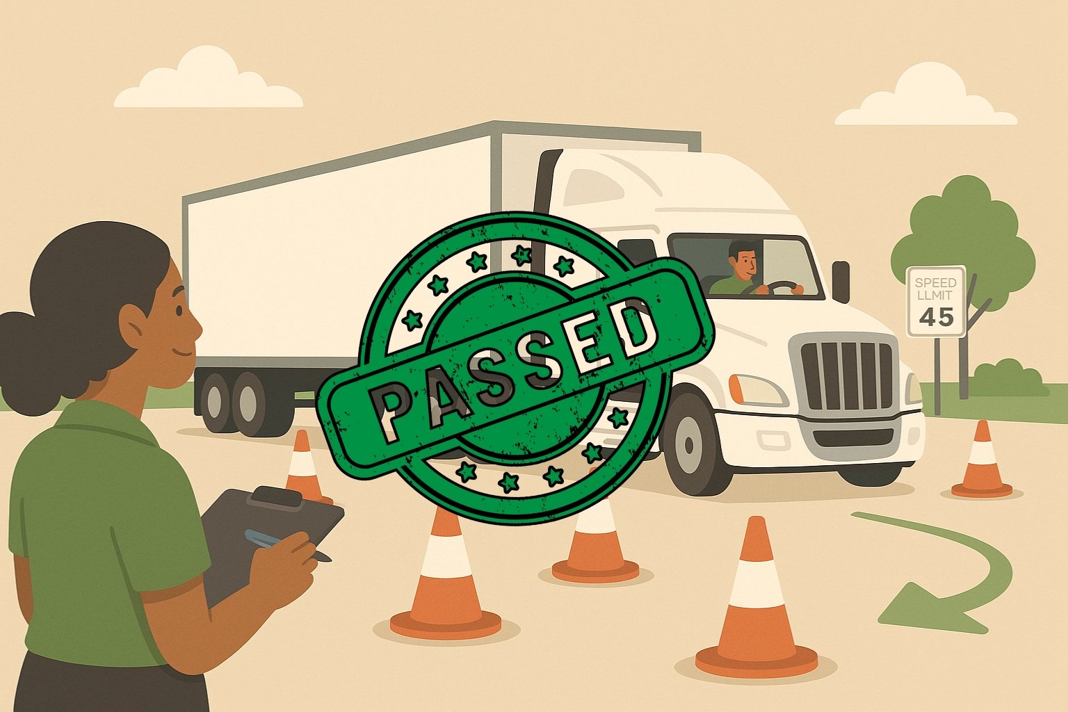Illustration showing a CDL student successfully completing the test while an examiner observes, with a green &ldquo;Passed&rdquo; stamp overlayed on the scene.