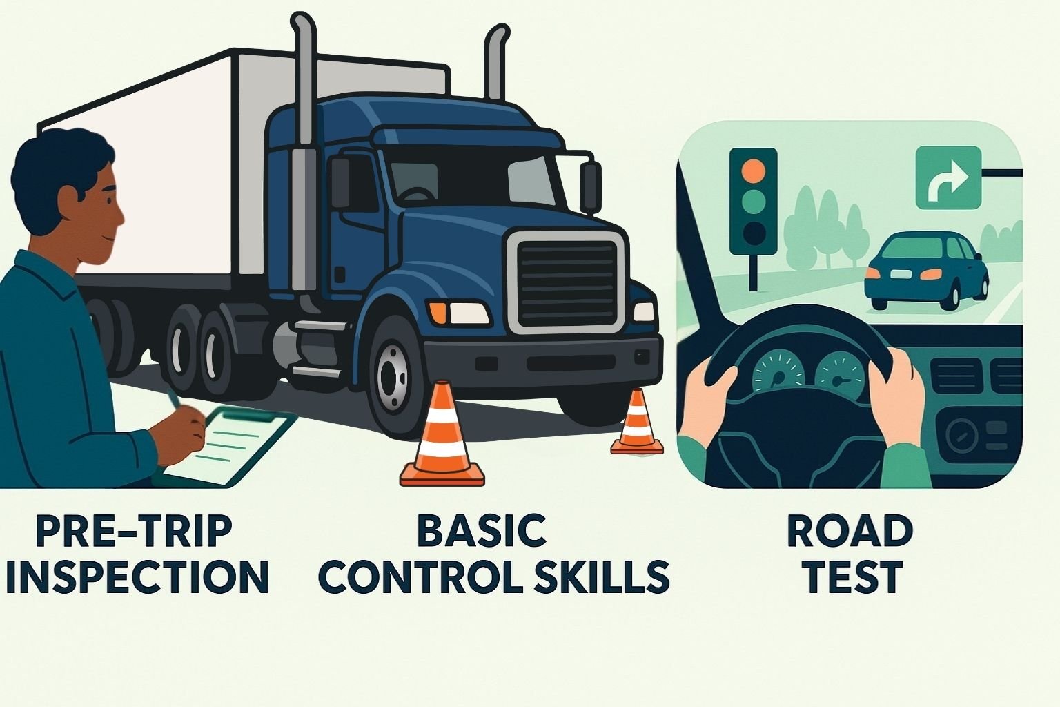 Illustration showing a semi-truck performing the three parts of the CDL test; pre-trip inspection, basic control skills with cones, and road test under a traffic light.