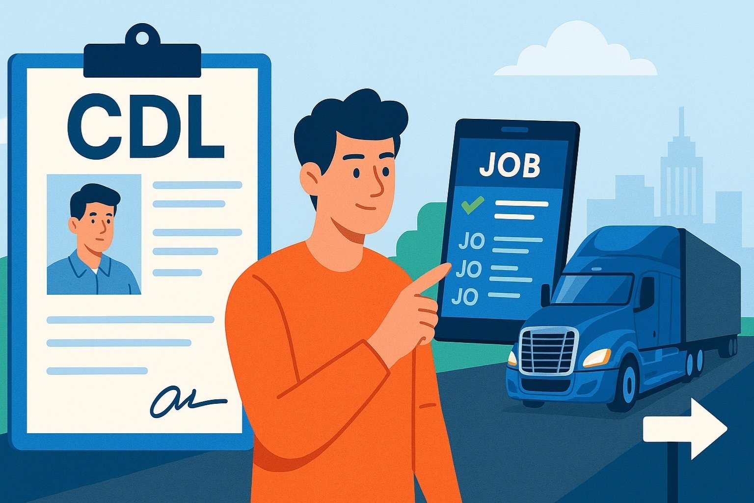 A new CDL driver reviewing job listings on a tablet with a semi-truck in the background, symbolizing the start of their trucking career.
